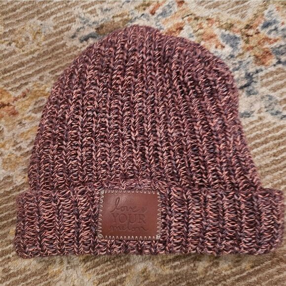 Love your melon beanie with leather patch. Plum, pink and purple - Picture 1 of 2